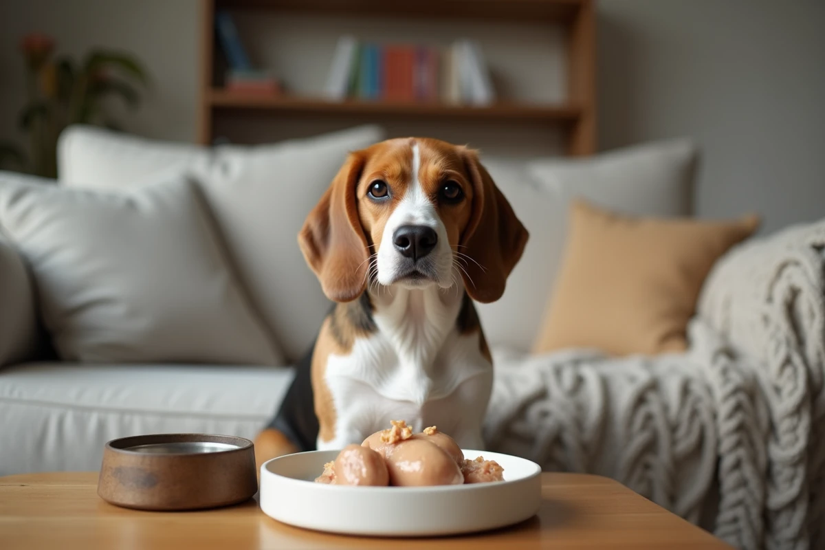 Chien beagle en convalescence à la maison avec un repas léger de poulet bouilli pour calmer les vomissements