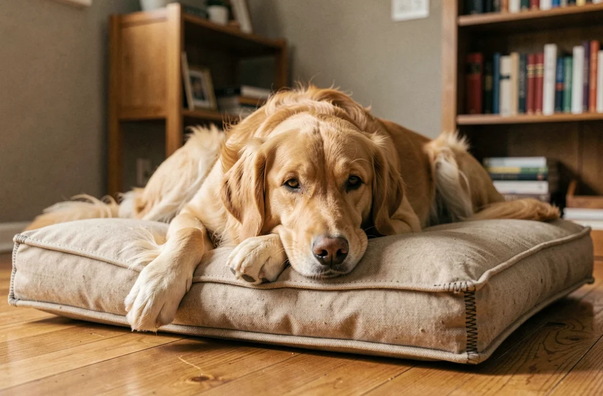 Chien golden retriever allongé sur un coussin solide et résistant aux morsures dans un salon cosy