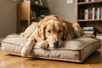 Chien golden retriever allongé sur un coussin solide et résistant aux morsures dans un salon cosy