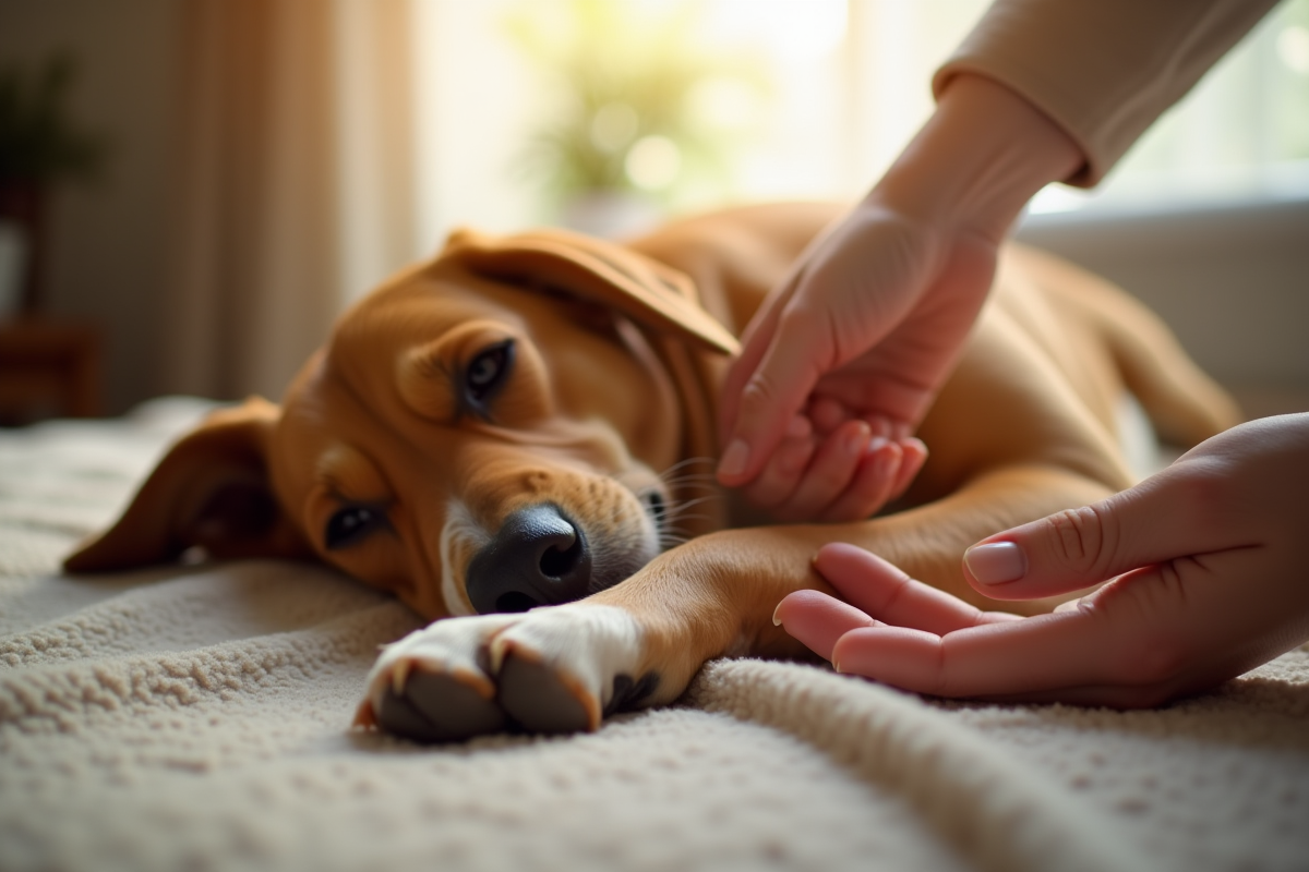 Chien adulte au repos montrant sa patte avec un humain attentionné