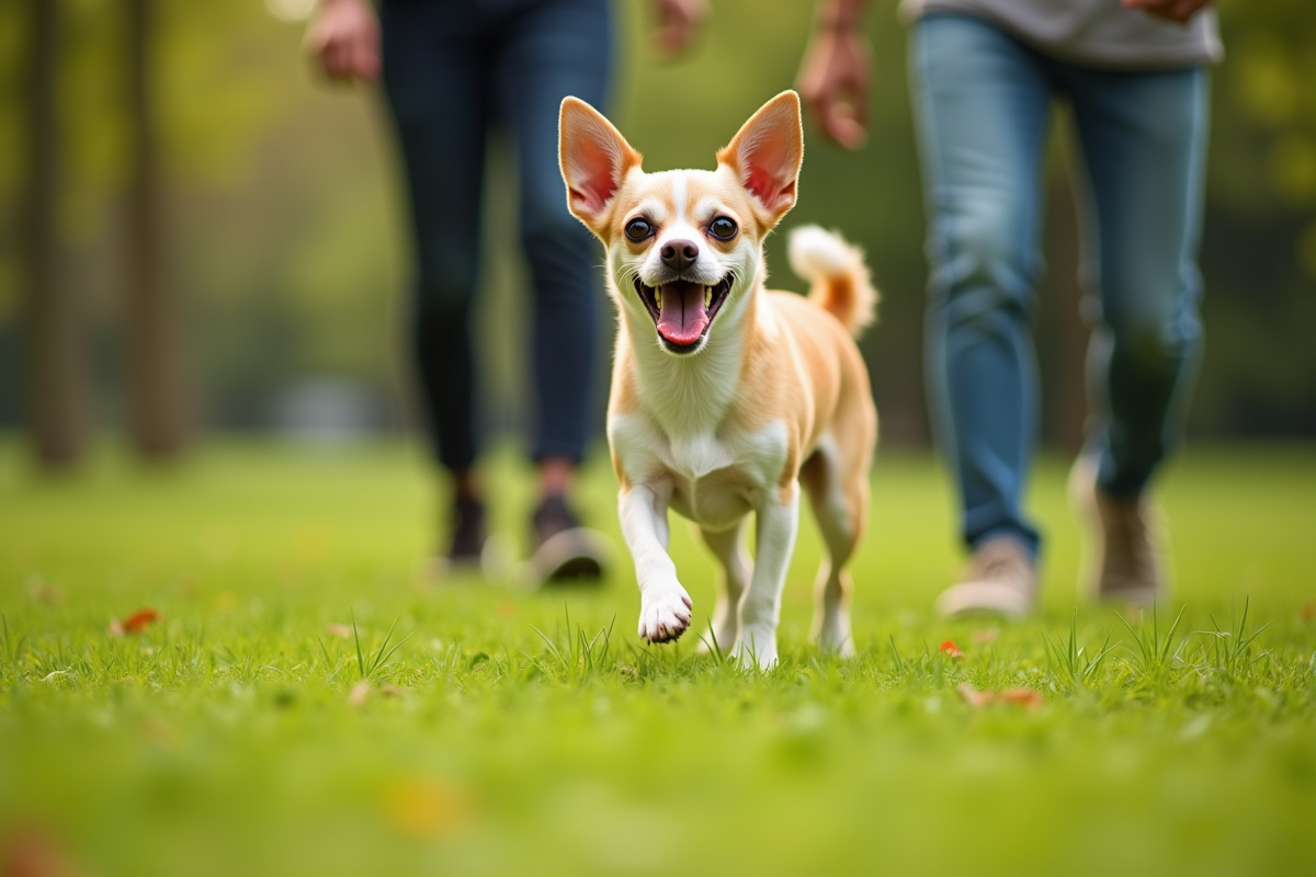 Chihuahua en pleine course dans un parc vert avec son propriétaire