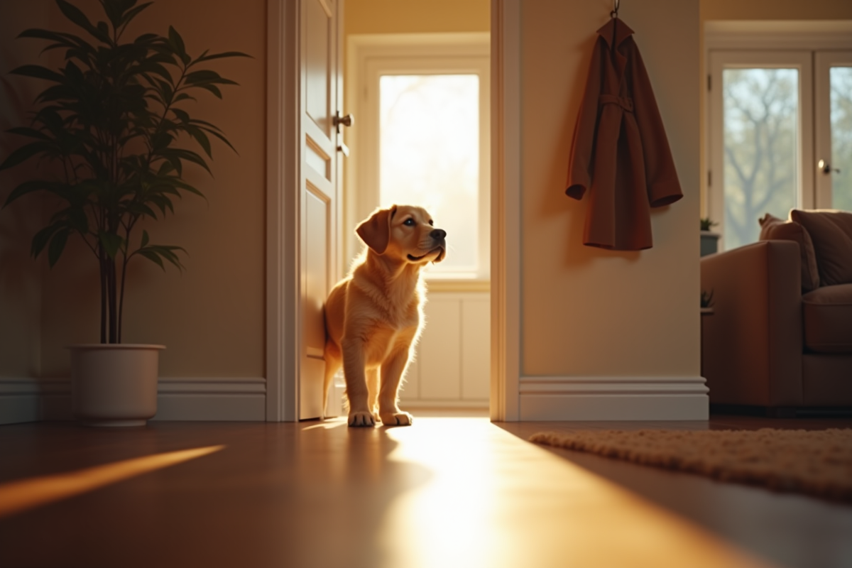 Chien regardant par une porte entrouverte dans un salon chaleureux
