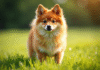 Finnish Spitz debout dans une prairie verte en plein jour