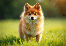 Finnish Spitz debout dans une prairie verte en plein jour
