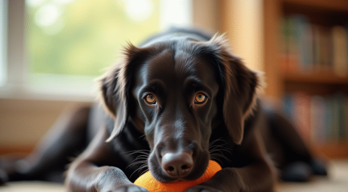 Golden retriever noir joyeux mordant un jouet coloré dans un salon lumineux