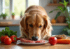 Golden retriever reniflant légumes et viande sur une table