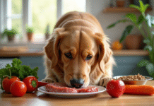 Golden retriever reniflant légumes et viande sur une table