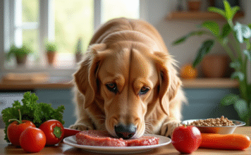Aliments pour chien : pourquoi bannir les croquettes de son régime ? Golden retriever reniflant légumes et viande sur une table