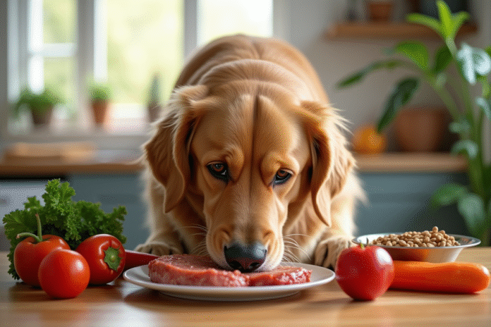 Golden retriever reniflant légumes et viande sur une table