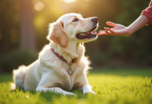 Golden retriever blanc assis dans le jardin ensoleille