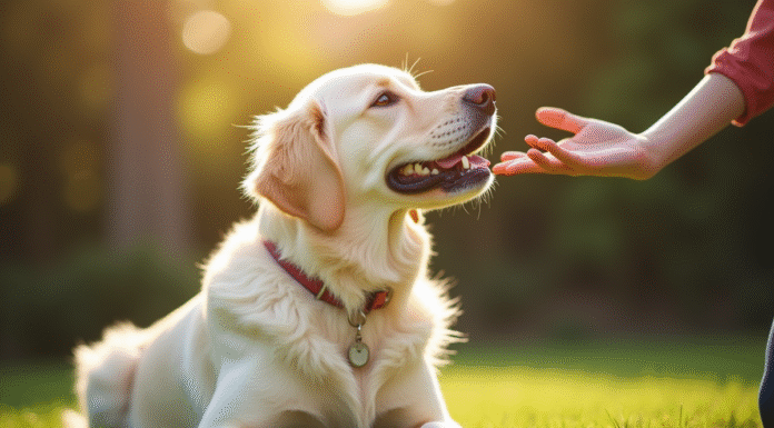 Golden retriever blanc assis dans le jardin ensoleille