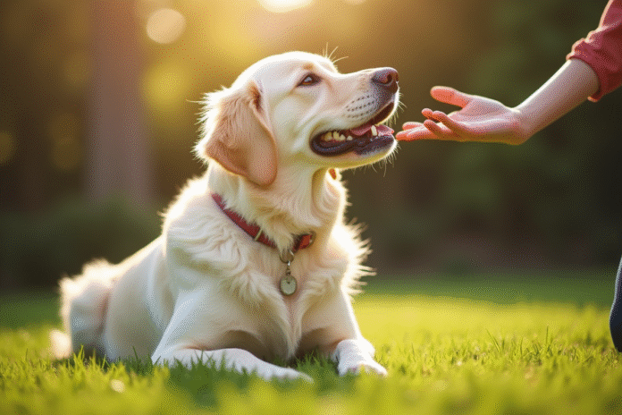 Golden retriever blanc assis dans le jardin ensoleille