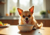 Chihuahua heureux mangeant un repas sain dans une cuisine lumineuse