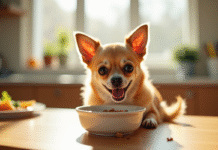 Chihuahua heureux mangeant un repas sain dans une cuisine lumineuse