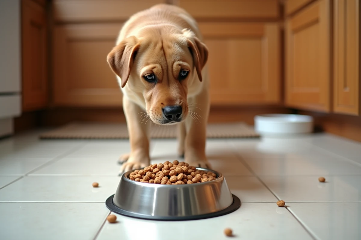 Chien Labrador boudant sa gamelle remplie de croquettes sèches sur un sol de cuisine carrelé