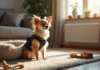 Chihuahua à poil long dans un salon confortable avec accessoires