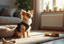 Chihuahua à poil long dans un salon confortable avec accessoires