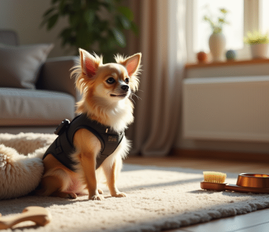 Les accessoires indispensables pour votre chihuahua à poil long Chihuahua à poil long dans un salon confortable avec accessoires