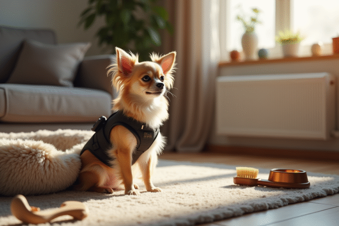 Chihuahua à poil long dans un salon confortable avec accessoires
