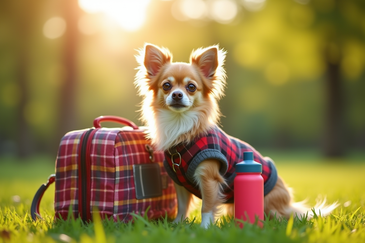 Chihuahua en extérieur dans un parc avec accessoires de voyage