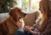 Golden retriever assis sur un canapé avec une femme attentionnée