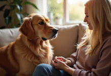 Golden retriever assis sur un canapé avec une femme attentionnée