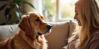 Golden retriever assis sur un canapé avec une femme attentionnée