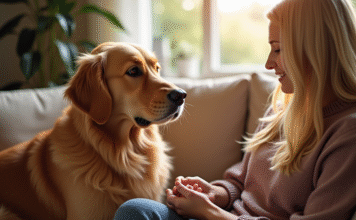 Douleur animale : comment savoir si votre animal cache de la douleur ? Golden retriever assis sur un canapé avec une femme attentionnée
