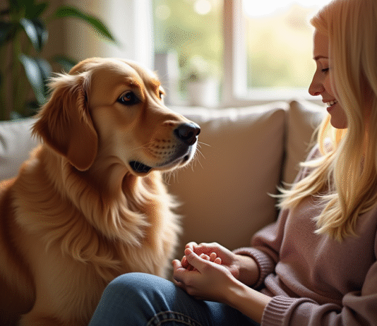Golden retriever assis sur un canapé avec une femme attentionnée