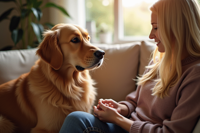 Golden retriever assis sur un canapé avec une femme attentionnée