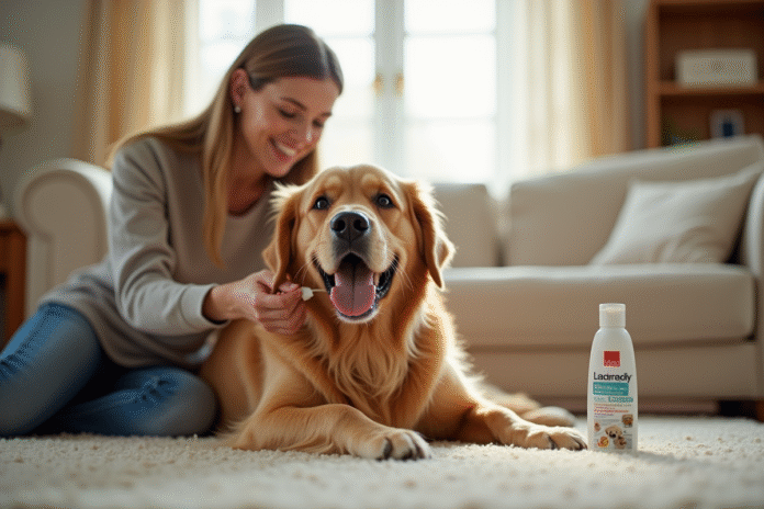 Chien retriever heureux recevant un traitement antiparasitaire