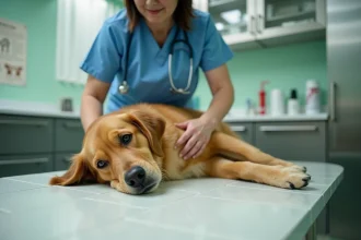 Vétérinaire examinant un chien golden retriever allongé sur une table de consultation pour des vomissements jaunes