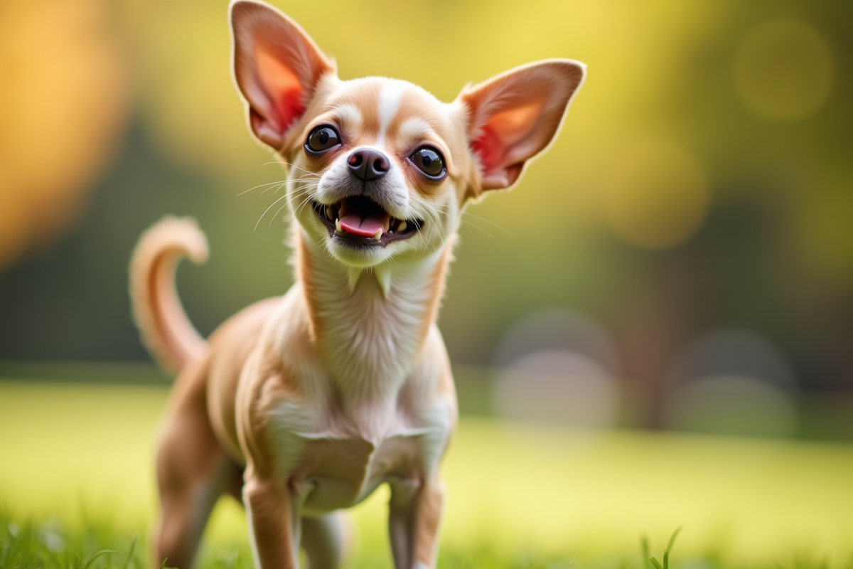 Chihuahua confiant dans un parc ensoleille avec fond flou