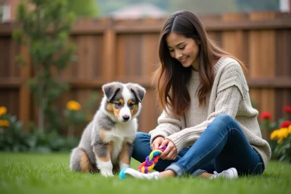 Chiot Australian Shepherd et femme dans le jardin