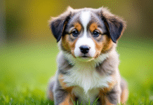 Chiot australian shepherd sur pelouse en lumière douce