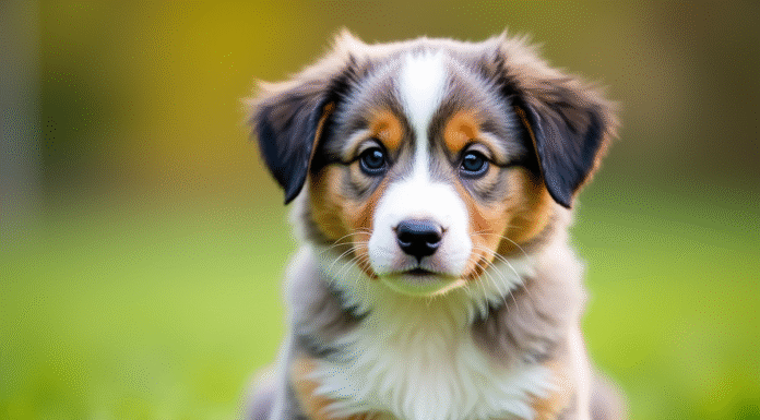 Chiot australian shepherd sur pelouse en lumière douce