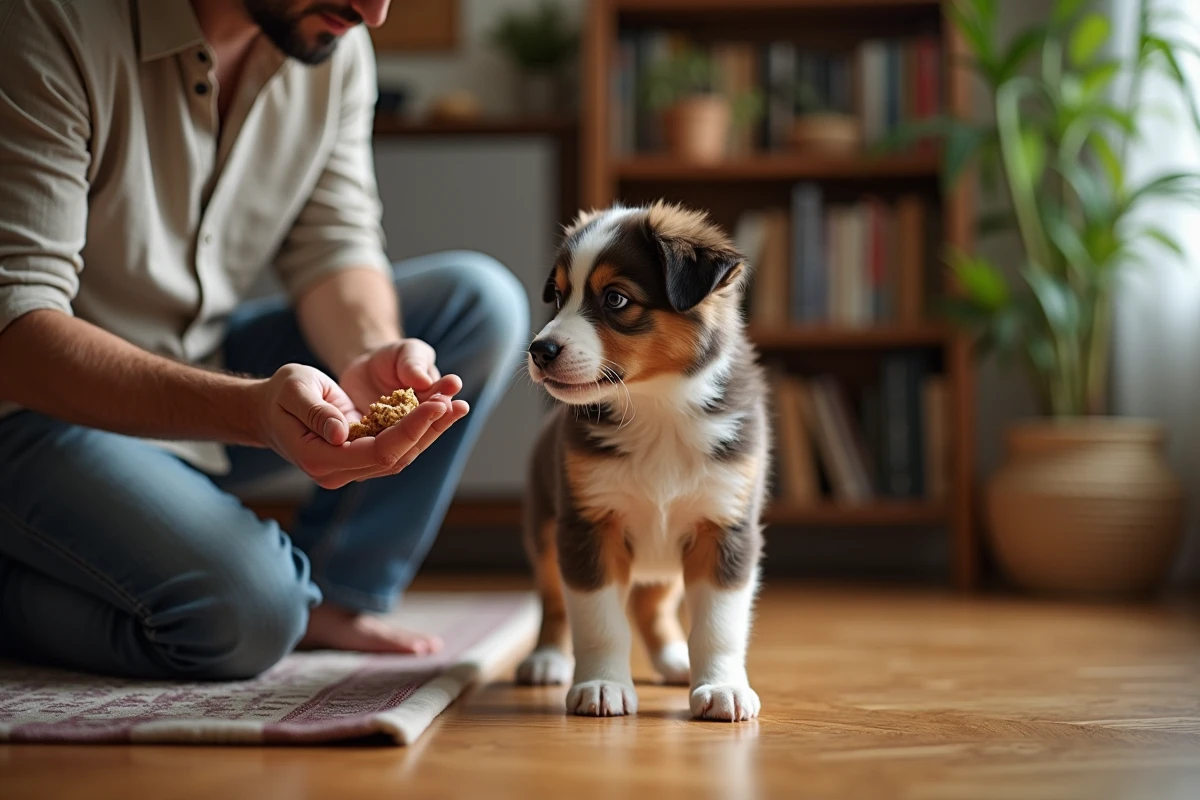 Chiot Australian Shepherd recevant une friandise en intérieur