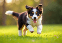 Chiot border collie sautant dans le jardin en plein jour