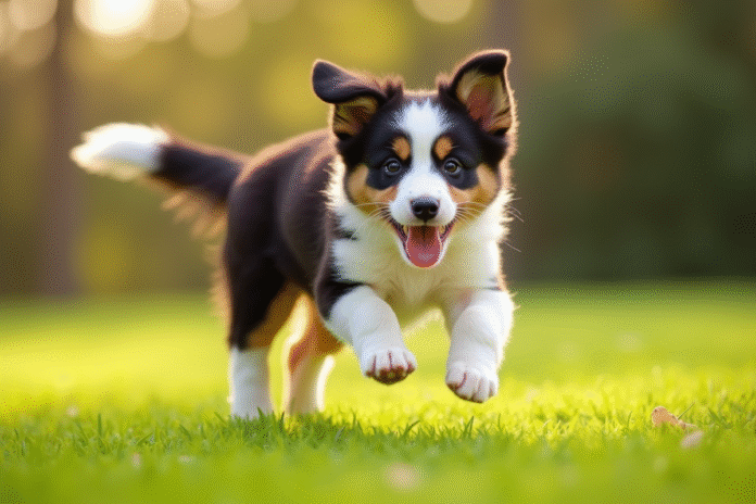 Chiot border collie sautant dans le jardin en plein jour