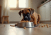 Chiot boxer mangeant des croquettes dans la cuisine
