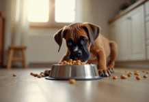 Chiot boxer mangeant des croquettes dans la cuisine