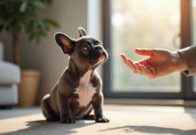Chiot bulldog français assis dans un salon lumineux