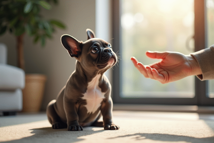 Chiot bulldog français assis dans un salon lumineux