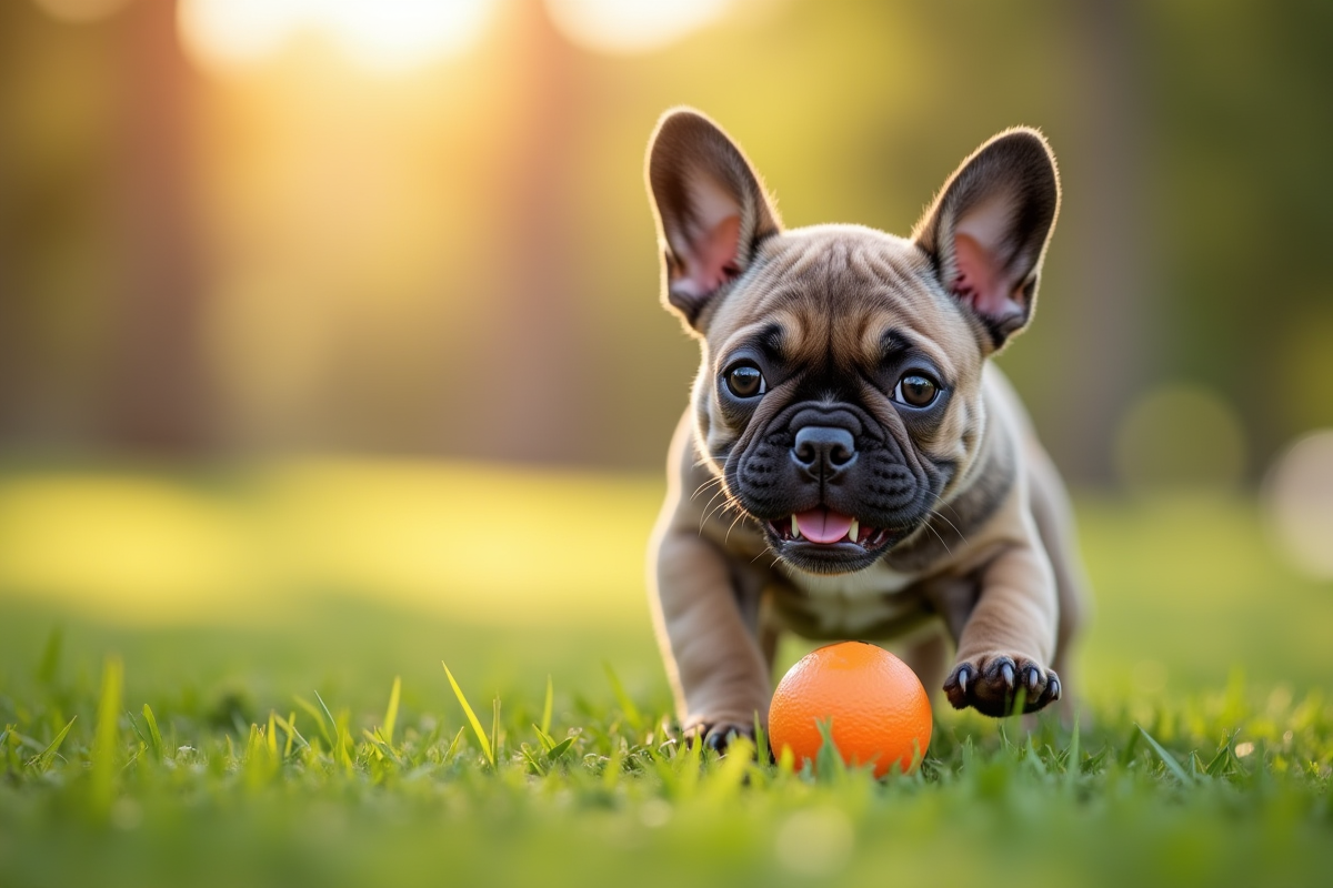 Chiot bulldog français jouant dans un parc ensoleille