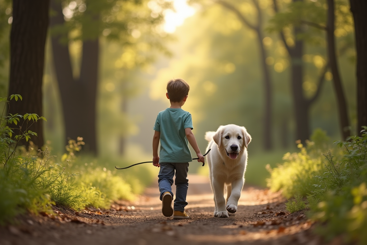 Chiot golden retriever marche avec un adolescent en forêt