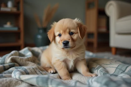 Jeune chiot de 9 semaines au regard vulnérable dans un salon