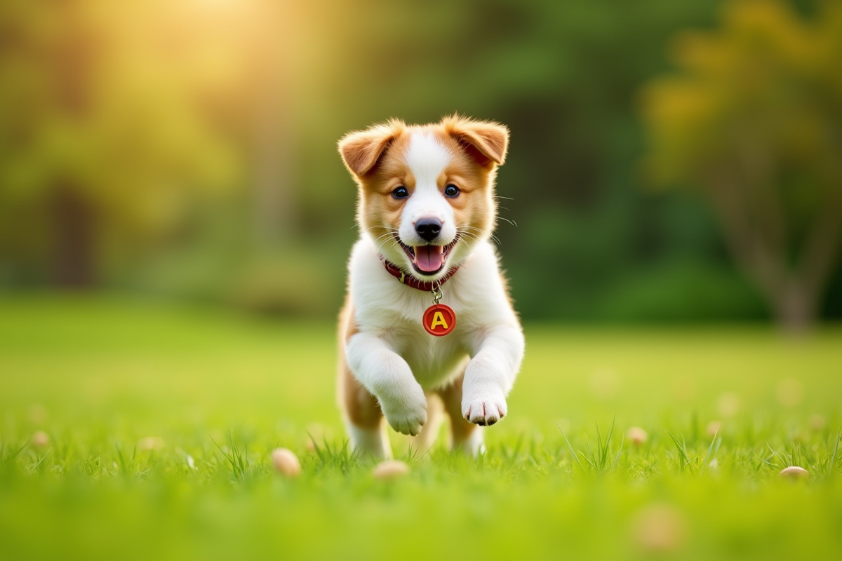 Chiot mâle joyeux courant dans un parc vert ensoleille