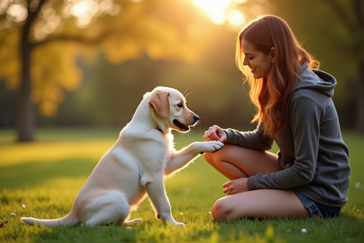 Chiot labrador donnant la patte dans un parc en plein air