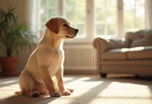 Chiot labrador assis dans un salon lumineux