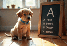 Chiot mâle adorable avec collier bleu sur le sol en bois